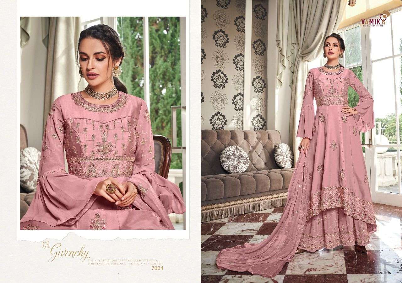 Vamika- Riyaaz - Georgette Heavy Embroidery With Handwork Kurti With Pant And Georgette Dupatta-7005